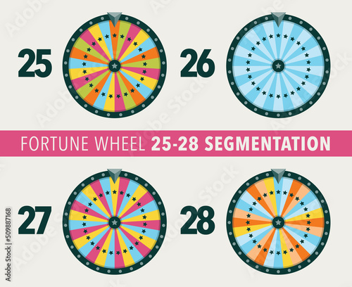 Collection of fortune wheel flat illustrations. 25, 26, 27 and 28 segmentation fortune wheel objects.