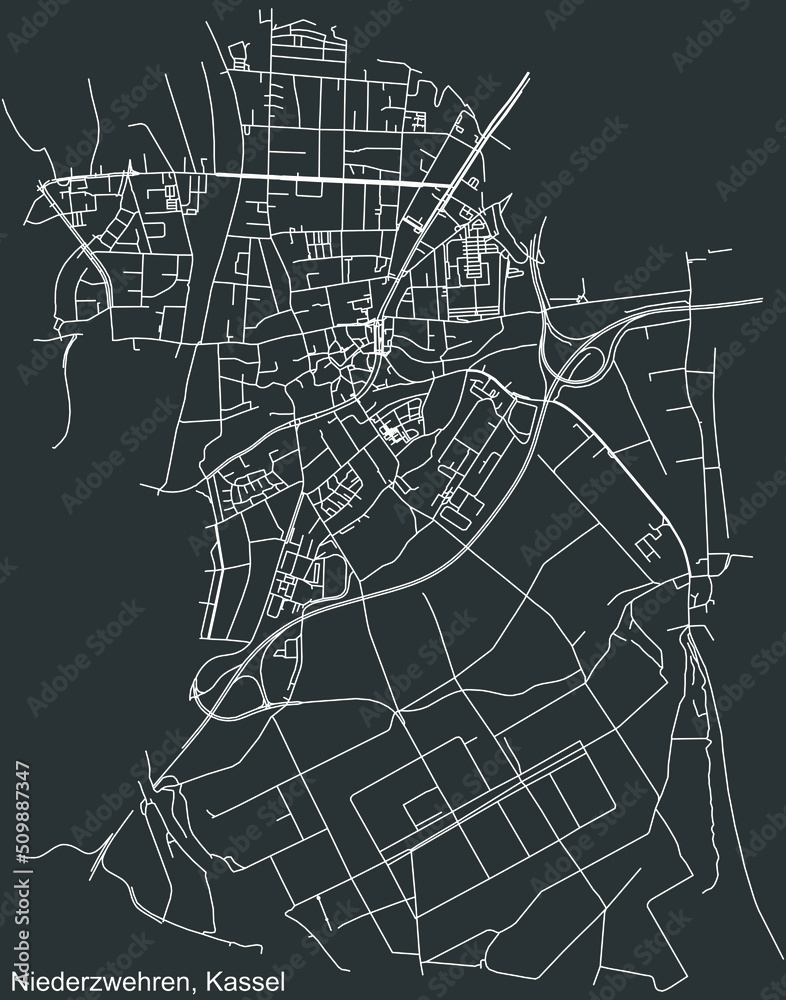 Detailed negative navigation white lines urban street roads map of the NIEDERZWEHREN DISTRICT of the German regional capital city of Kassel, Germany on dark gray background