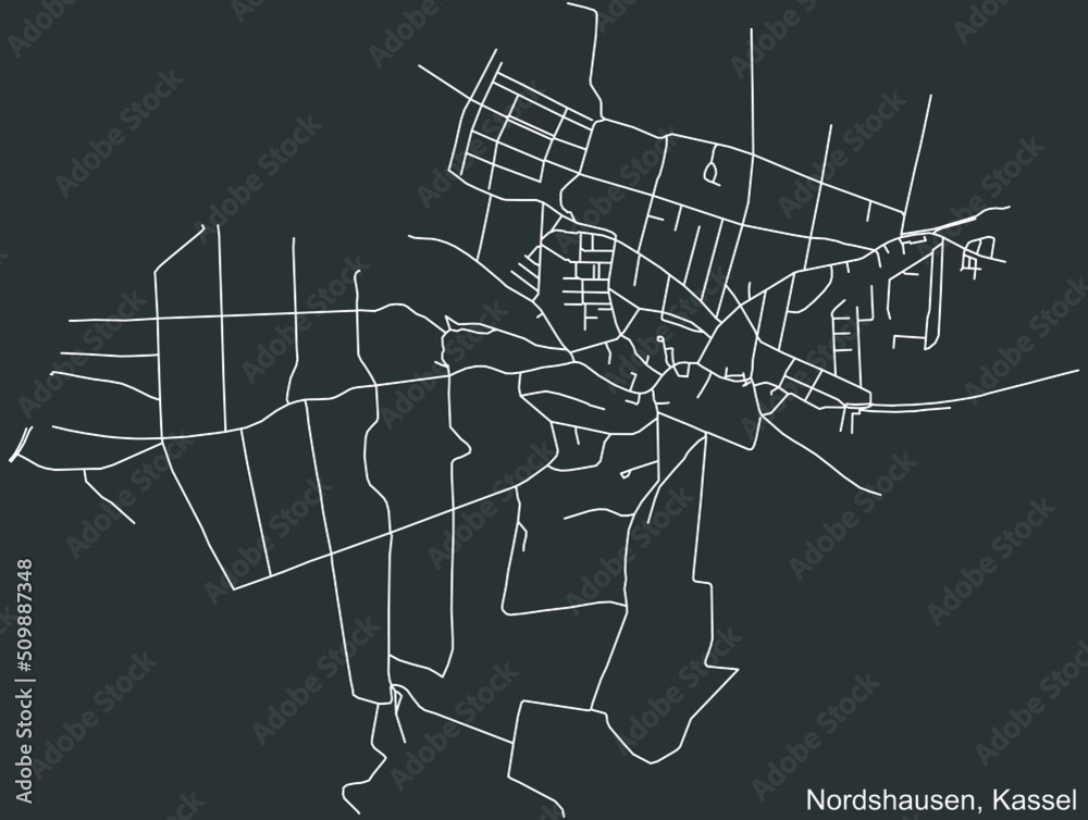 Detailed negative navigation white lines urban street roads map of the NORDSHAUSEN DISTRICT of the German regional capital city of Kassel, Germany on dark gray background