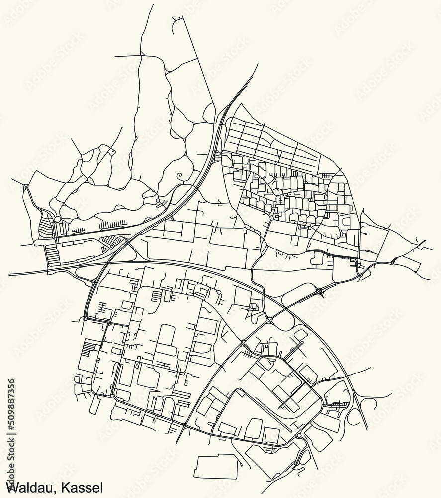 Naklejka premium Detailed navigation black lines urban street roads map of the WALDAU DISTRICT of the German regional capital city of Kassel, Germany on vintage beige background