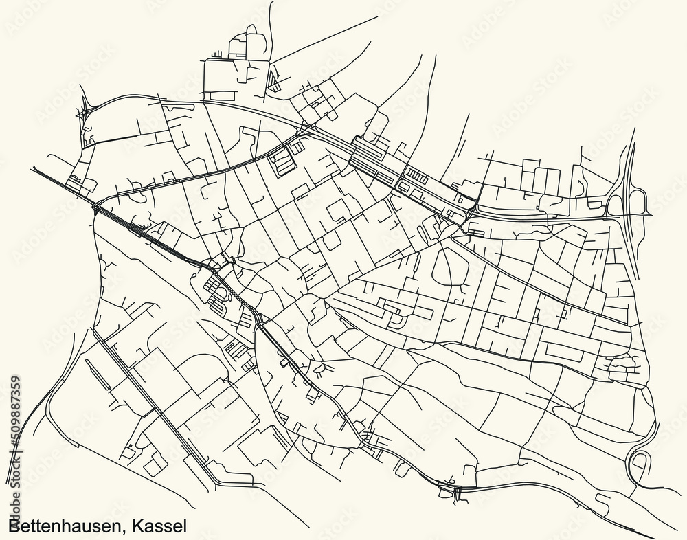 Detailed navigation black lines urban street roads map of the BETTENHAUSEN DISTRICT of the German regional capital city of Kassel, Germany on vintage beige background