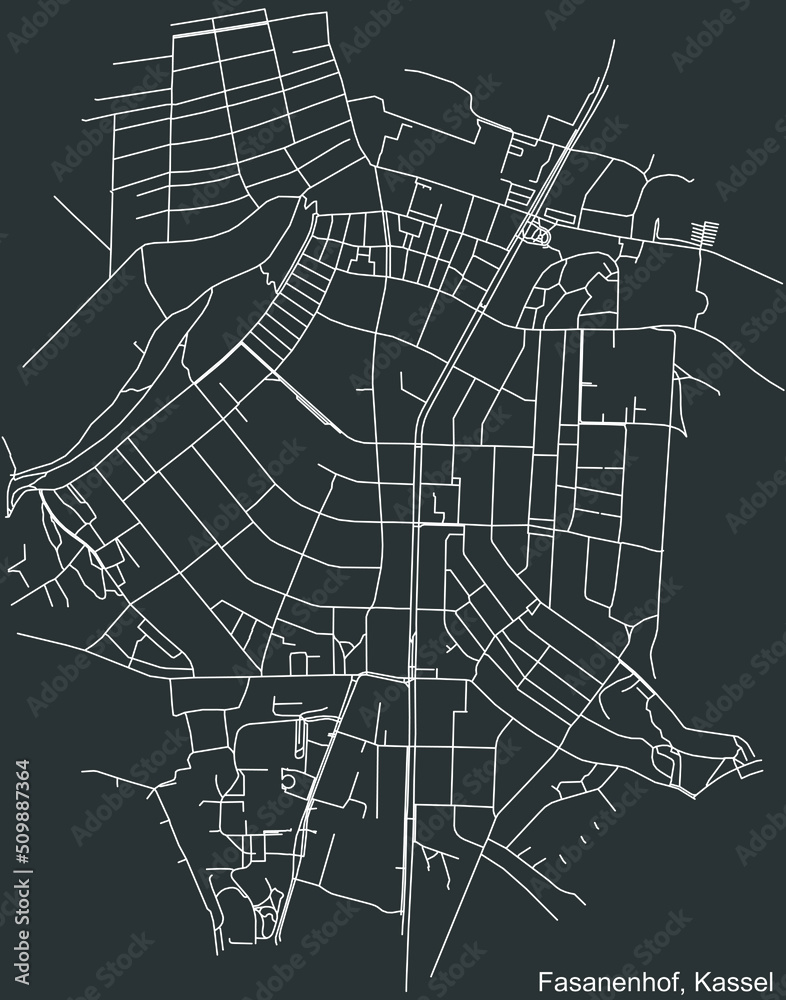 Detailed negative navigation white lines urban street roads map of the FASANENHOF DISTRICT of the German regional capital city of Kassel, Germany on dark gray background