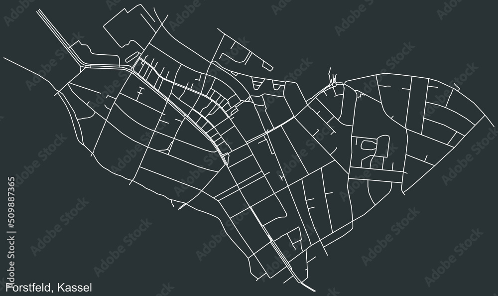 Detailed negative navigation white lines urban street roads map of the FORSTFELD DISTRICT of the German regional capital city of Kassel, Germany on dark gray background