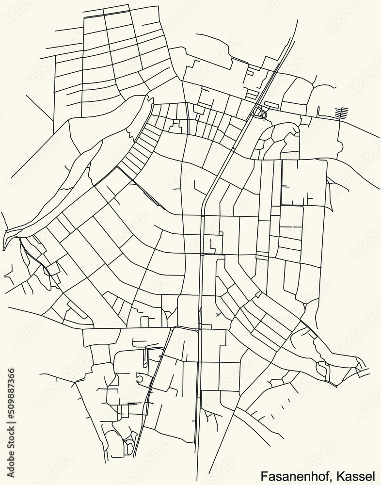 Detailed navigation black lines urban street roads map of the FASANENHOF DISTRICT of the German regional capital city of Kassel, Germany on vintage beige background