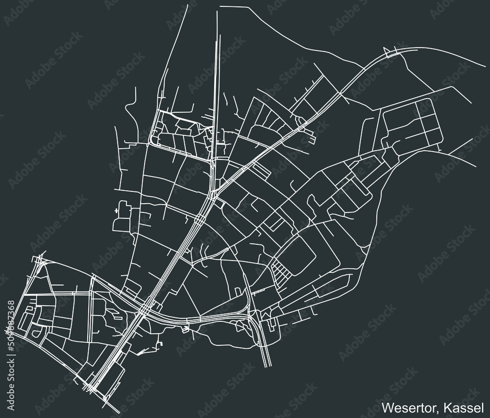 Detailed negative navigation white lines urban street roads map of the WESERTOR DISTRICT of the German regional capital city of Kassel, Germany on dark gray background