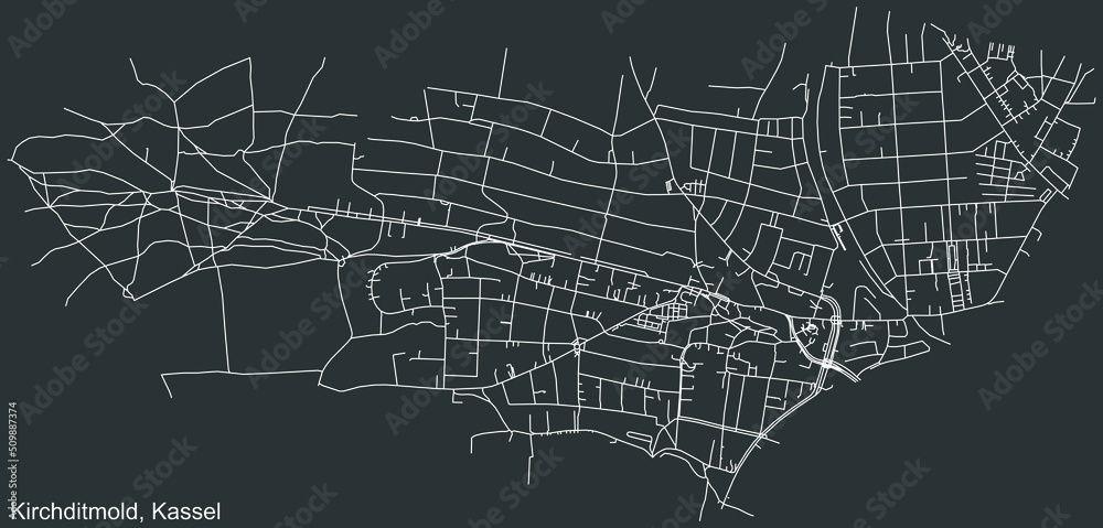 Obraz premium Detailed negative navigation white lines urban street roads map of the KIRCHDITMOLD DISTRICT of the German regional capital city of Kassel, Germany on dark gray background