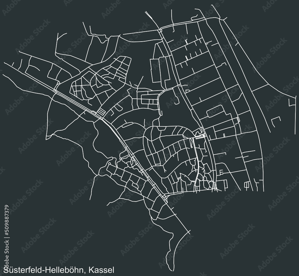 Detailed negative navigation white lines urban street roads map of the SÜSTERFELD-HELLEBÖHN DISTRICT of the German regional capital city of Kassel, Germany on dark gray background