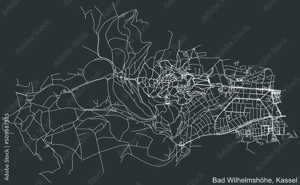 Detailed negative navigation white lines urban street roads map of the BAD WILHELMSHÖHE DISTRICT of the German regional capital city of Kassel, Germany on dark gray background