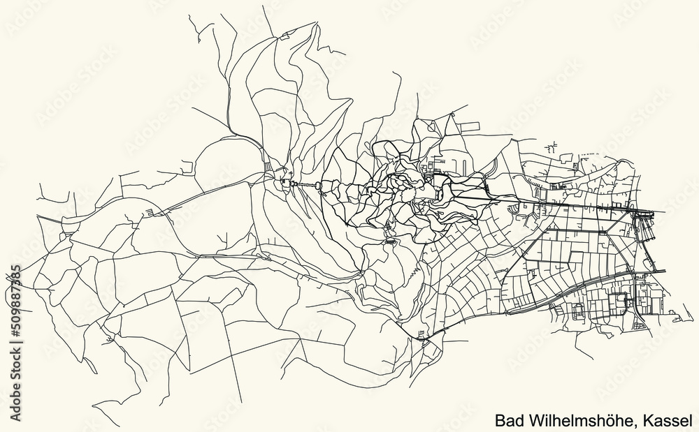 Obraz premium Detailed navigation black lines urban street roads map of the BAD WILHELMSHÖHE DISTRICT of the German regional capital city of Kassel, Germany on vintage beige background