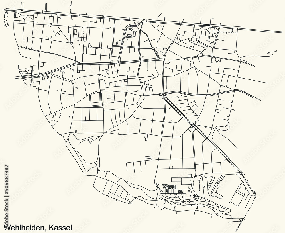 Detailed navigation black lines urban street roads map of the WEHLHEIDEN DISTRICT of the German regional capital city of Kassel, Germany on vintage beige background