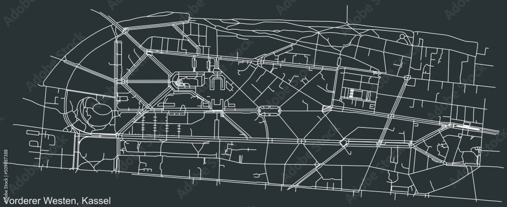 Detailed negative navigation white lines urban street roads map of the VORDERER WESTEN DISTRICT of the German regional capital city of Kassel, Germany on dark gray background