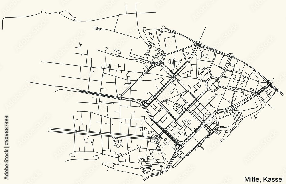 Obraz premium Detailed navigation black lines urban street roads map of the MITTE DISTRICT of the German regional capital city of Kassel, Germany on vintage beige background