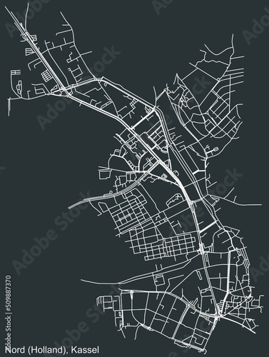 Detailed negative navigation white lines urban street roads map of the NORD-HOLLAND DISTRICT of the German regional capital city of Kassel, Germany on dark gray background