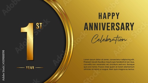 1st anniversary logo with gold color for booklets, leaflets, magazines, brochure posters, banners, web, invitations or greeting cards. Vector illustration.