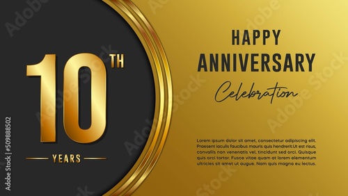 10th anniversary logo with gold color for booklets, leaflets, magazines, brochure posters, banners, web, invitations or greeting cards. Vector illustration.