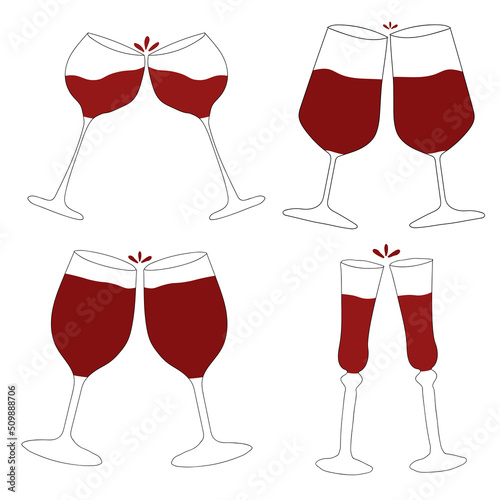 Red wine in different types of glasses. vector illustration in doodle style.