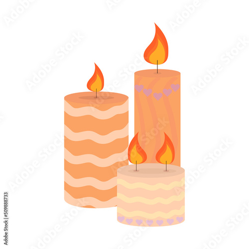 Burning cute wax and paraffin scented candles. Candles decor for home and comfort, holiday