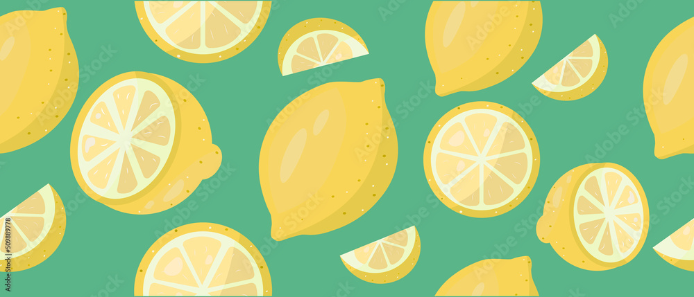 Lemon citrus seamless pattern in green and yellow. Tropical background. Vector bright print for fabric or wallpaper. Lemon citrus seamless pattern in green and yellow. Tropical background. Vector bright print for fabric or wallpaper.