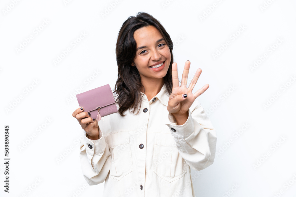 Young hispanic woman holding wallet isolated on white background happy and counting four with fingers Young hispanic woman holding wallet isolated on white background happy and counting four with fingers