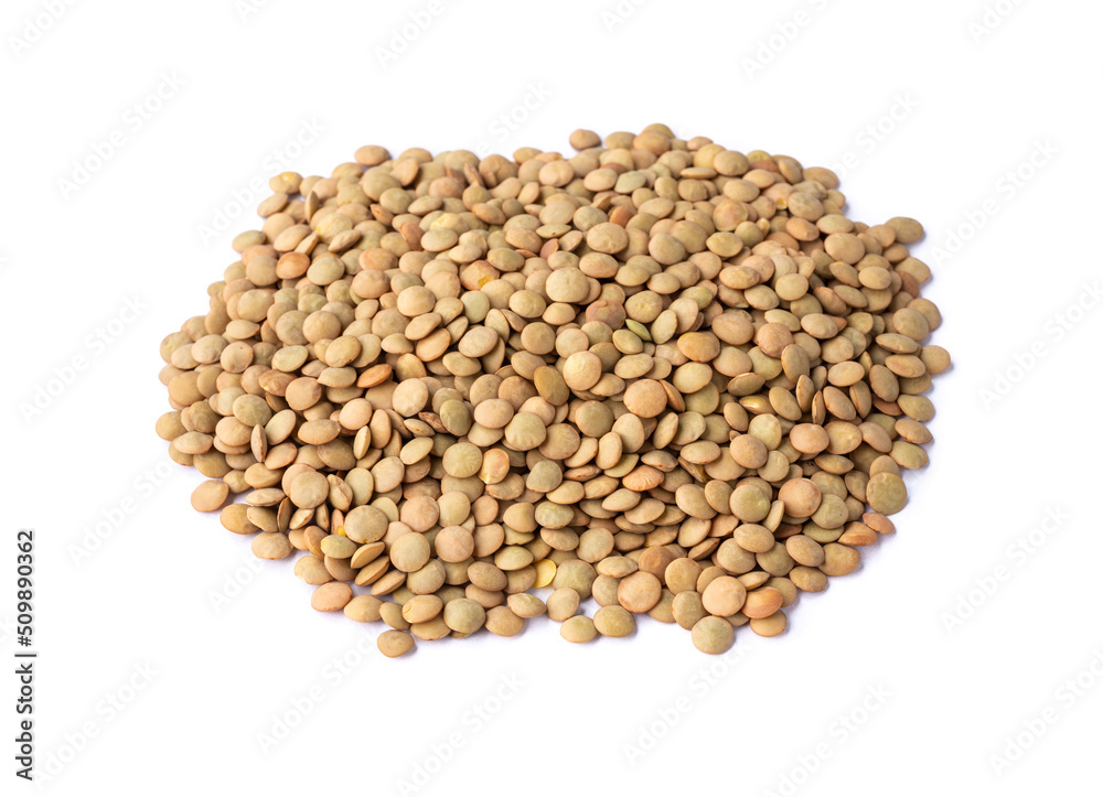 Raw brown lentils isolated over white background Raw brown lentils isolated over white background