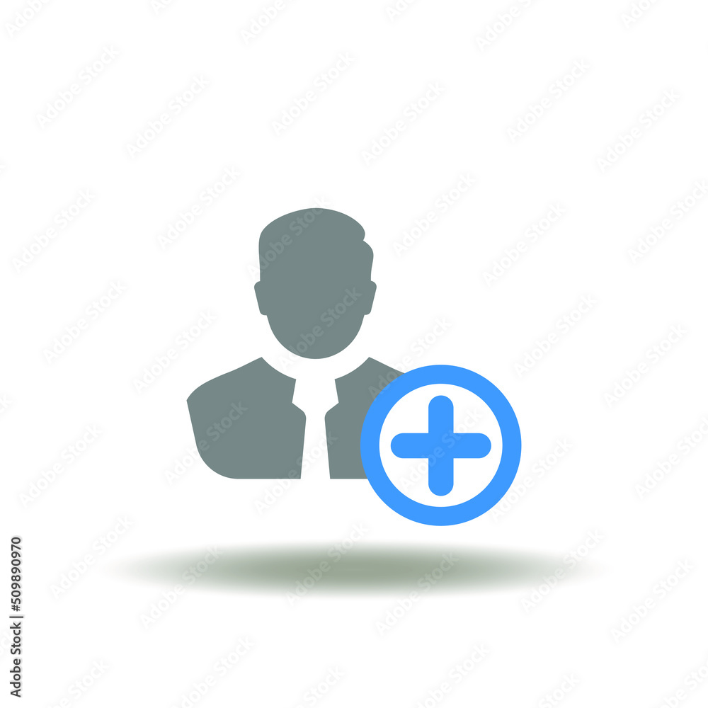 Vector illustration of businessman with plus sign. Icon of expert. Symbol of consultant. Sign of employee benefits.