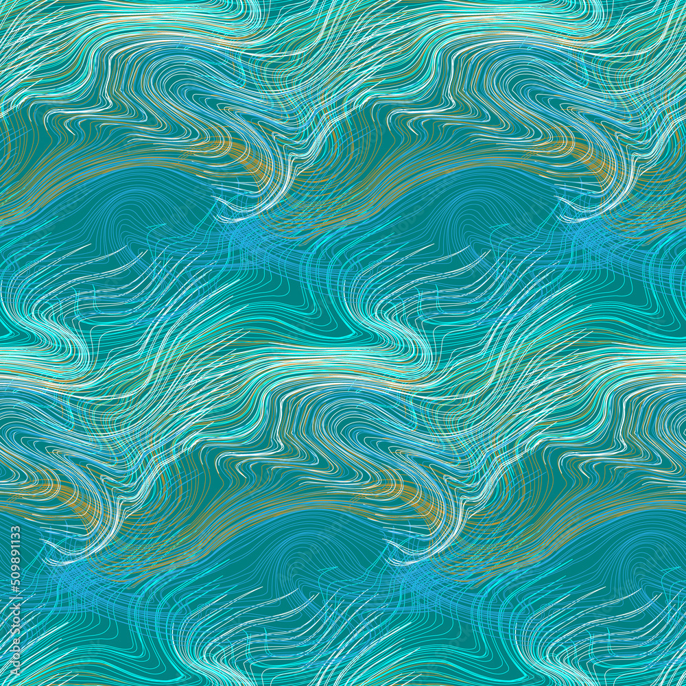 Liquid seamless pattern. Water stream with waves and swirls, of teal, turquoise, gold, blue, and white colors. Abstract psychedelic background texture