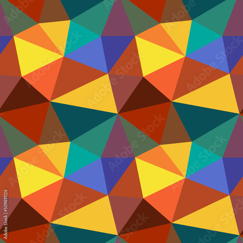 Low polygonal seamless pattern. Abstract geometric backdrop of turquoise  blue  yellow and orange triangles. Bright colorful background