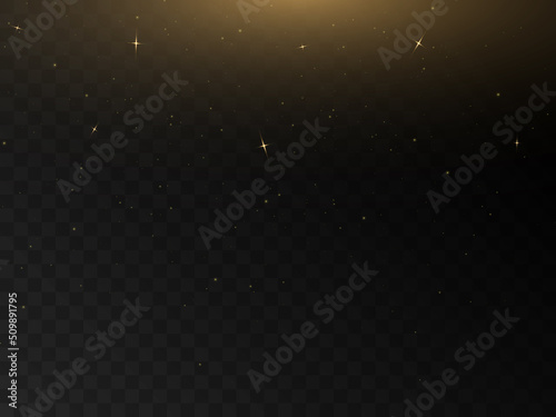 Stage light and golden glitter with the effect of golden rays and falling sparkling dust. Abstract golden rays to highlight your product. Sun rays. Vector
