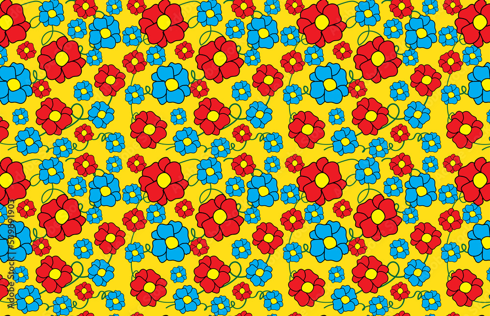 Field abstract blue yellow red flowers pattern Field abstract blue yellow red flowers pattern