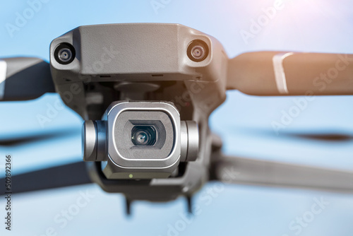 Quadcopter camera close-up, quadcopter shoots video from a height