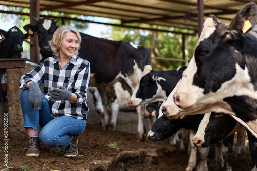 woman farmer among herd of cows