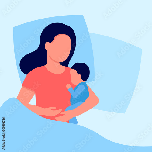Mother sleeps with her newborn baby in bed. Family care for child and comfort relaxation. Breastfeeding, motherhood. Woman sleep together with kid. Vector illustration