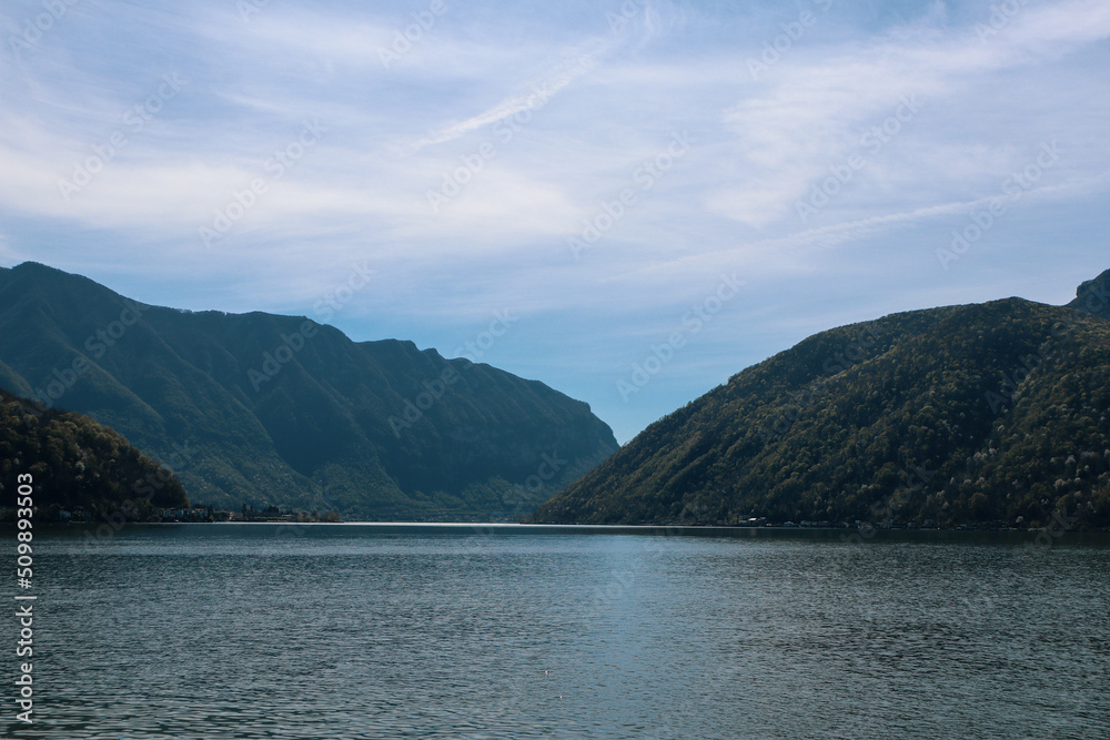 View to the Lago Lugano from Melide, Ticino, Switzerland