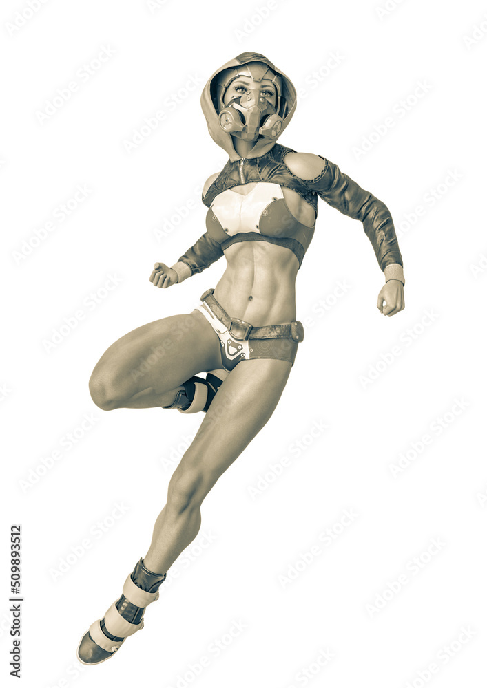 muscular woman in a cyberpunk suit in comic action pose muscular woman in a cyberpunk suit in comic action pose