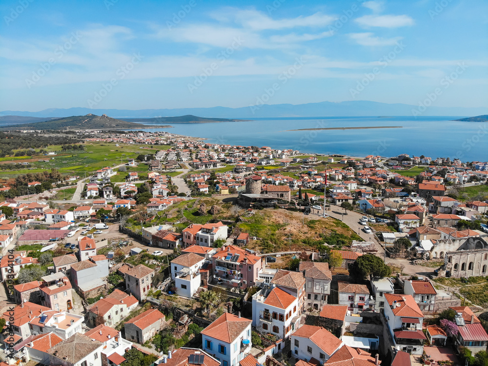  Cunda Island view from top. Old windmill on Cunda island of Turkey. Created by drone camera