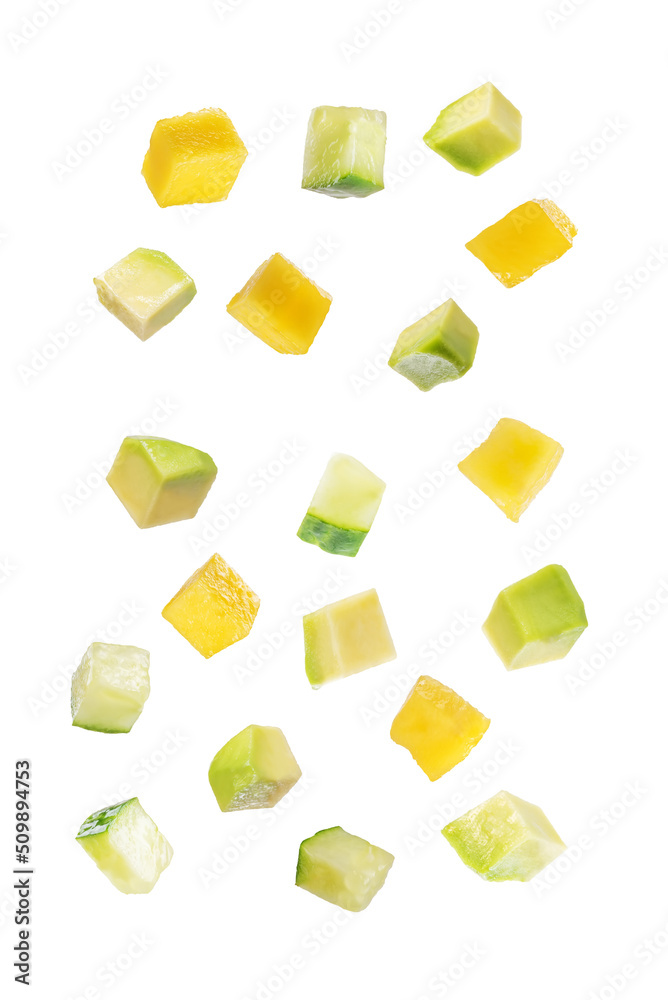 Mango avocado cucumber salad in a bowl on a white isolated background