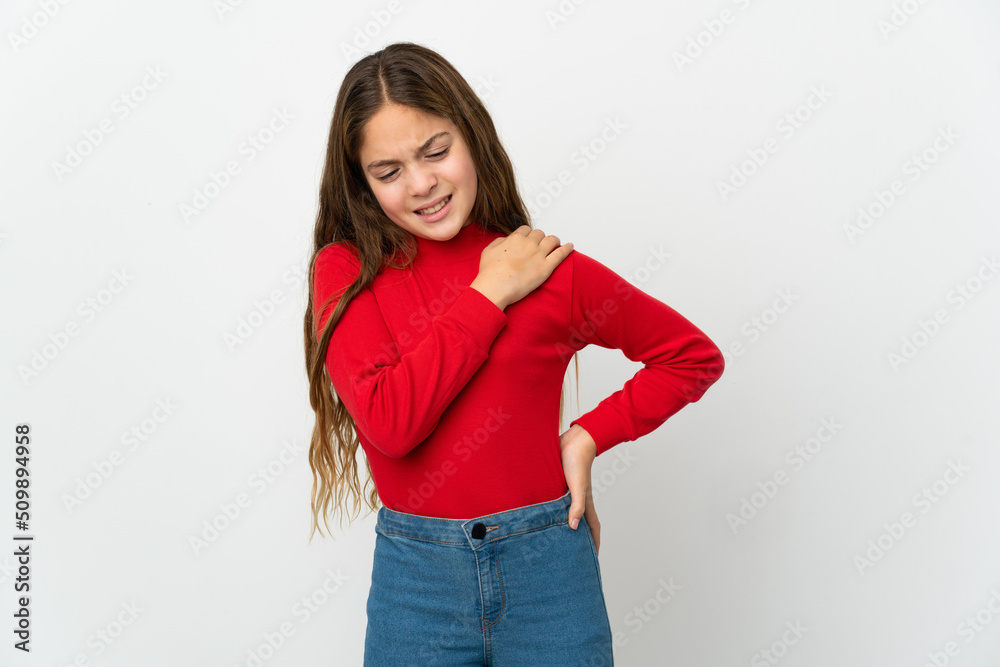 Little girl over isolated white background suffering from pain in shoulder for having made an effort Little girl over isolated white background suffering from pain in shoulder for having made an effort