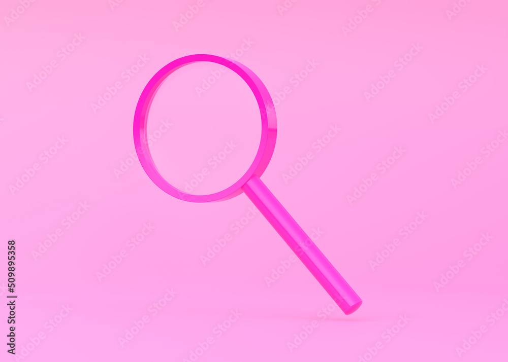 Magnifying glass flies soars over pink background. Search, find and discover concept. Minimalism. 3d rendering 3d illustration Magnifying glass flies soars over pink background. Search, find and discover concept. Minimalism. 3d rendering 3d illustration