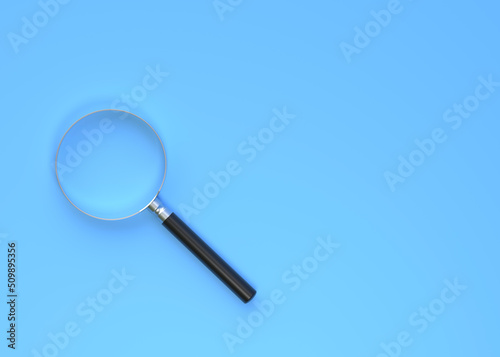 Magnifying glass on a blue background. Search, find and discover concept. Minimalism. 3d rendering 3d illustration
