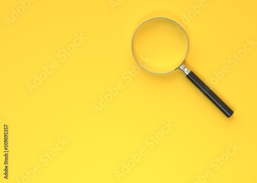 Magnifying glass on a yellow background. Search, find and discover concept. Minimalism. 3d rendering 3d illustration