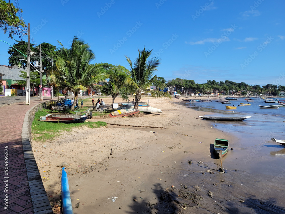 Beautiful fishing village with a river beach full of fishing boats - Praia da Caroa, Itacaré, Bahia, Brazil