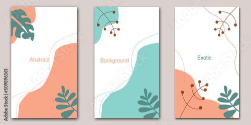 Set of abstract pastel backgrounds decorated of palm leaves for poster, advertising, promotion, social media stories templates