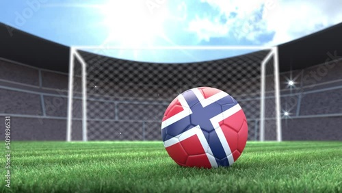 Norway soccer ball, rolling into stadium with camera flashes. 3D animation