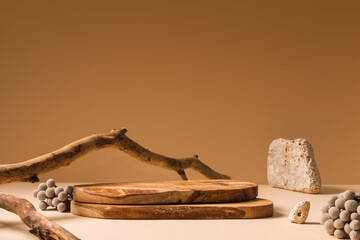 Background for products cosmetics, food or jewellery. Rustic wood pieces podium. Front view.	