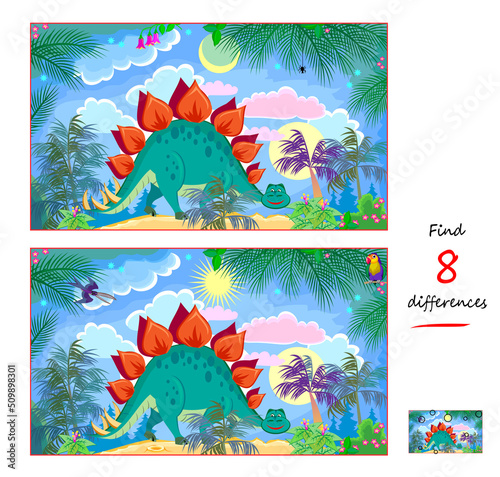 Find 8 differences. Illustration of cute dinosaur. Logic puzzle game for children and adults. Page for kids brain teaser book. Developing counting skills. IQ test. Play online. Vector image.