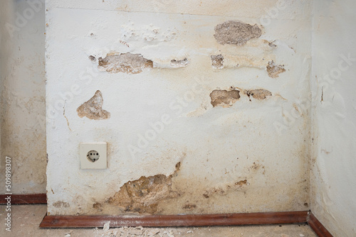 wall with water damage, Efflorescence on the plaster due to rising damp photo