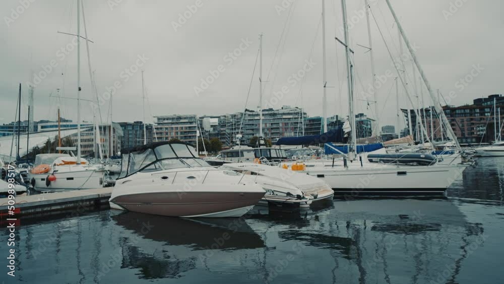 Oslo, Norway. Moored Boats And Yachts At Aker Brygge District. Oslo, Norway. Moored Boats And Yachts At Aker Brygge District.