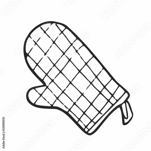 Quilted potholder glove hand drawn doodle vector illustration isolated on white background. Cooking and kitchen household oven-glove or potholder mitten.