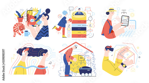 Technology Memphis illustrations Augmented reality, CRM Customer Relationship Management, Agriculture technology, Music streaming, Autonomous delivery, VR. Creative landing web page illustrations set