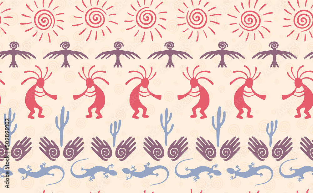 Fototapeta premium Kokopelli with flute, pangolin, hawk, sun symbol, hands and plant tribal vector seamless pattern.